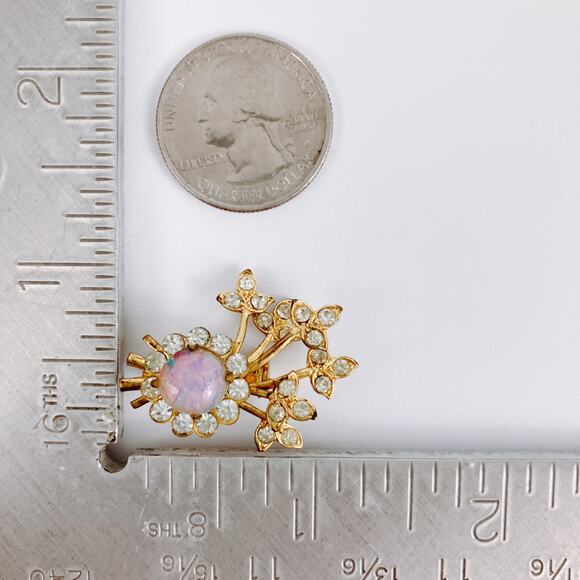 Small VTG Mid Century Faux Opal Rhinestone Floral Brooch Pink Flower Spray Pin - Picture 11 of 11